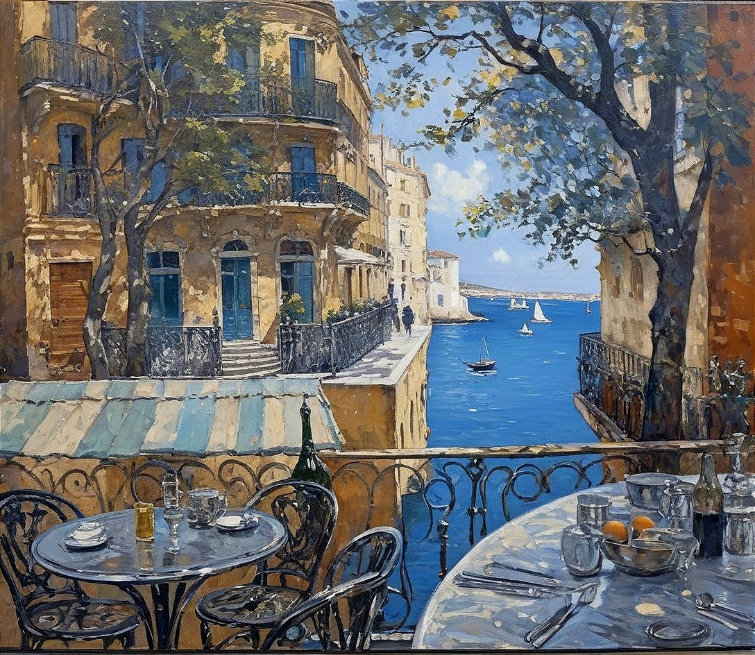 Coastal Balcony View with Sailboats and Dining Setup