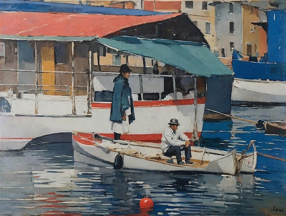 Serene Harbor Scene with Figures in a Small Boat