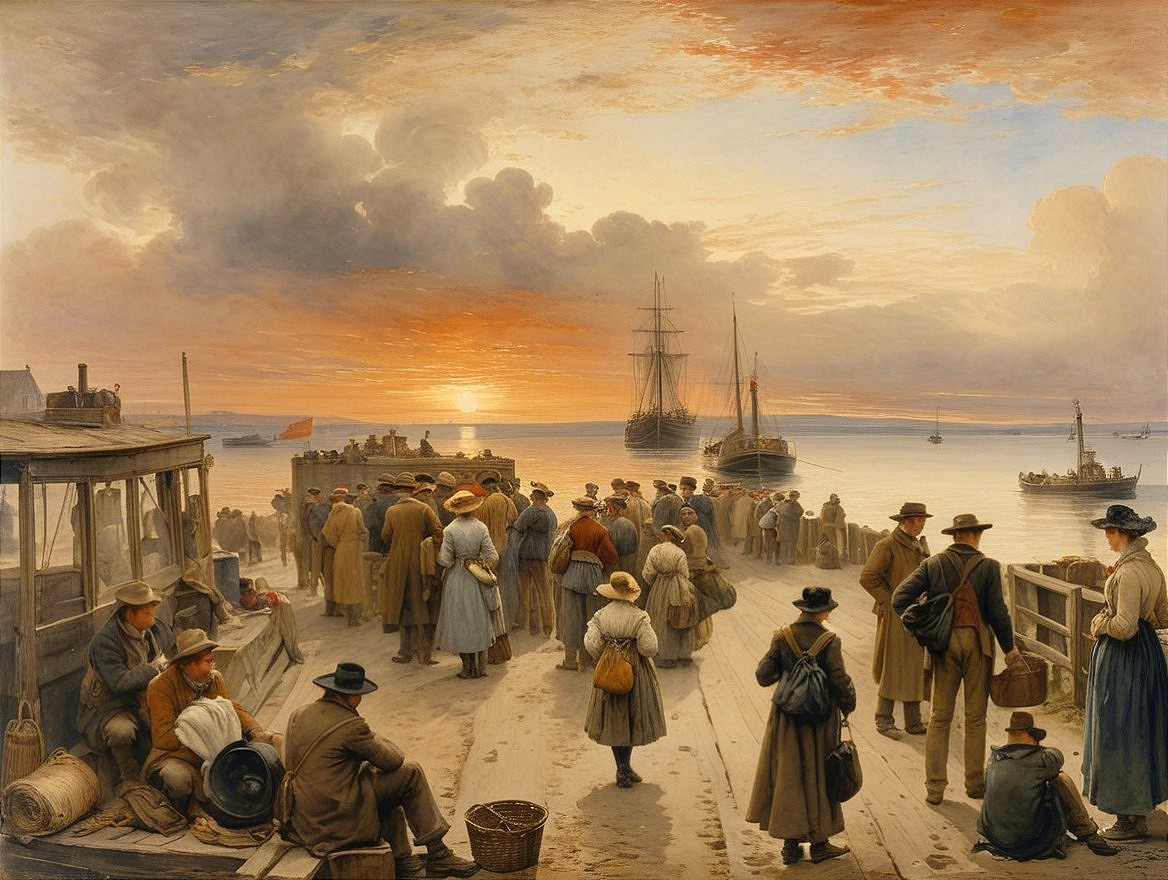 Bustling Dock at Sunset with Period Attire and Ships