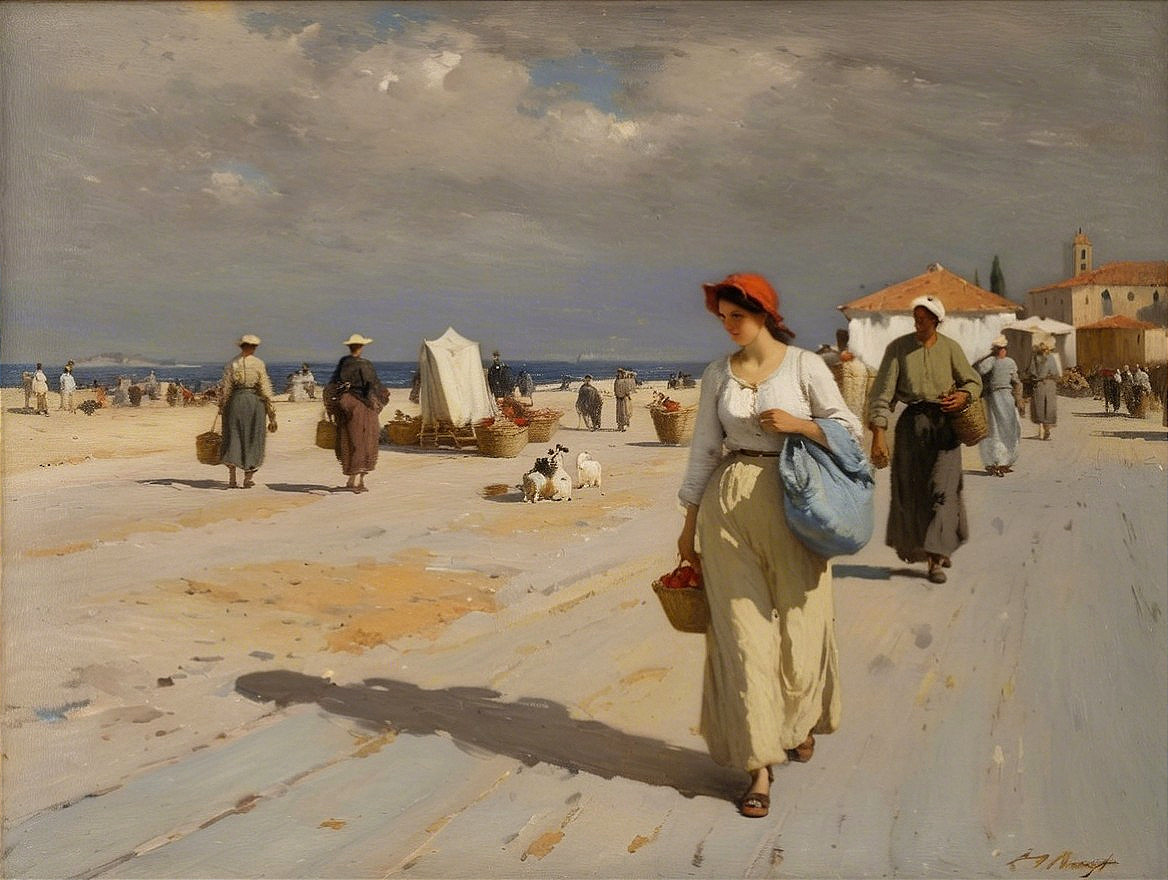 Coastal Scene with Women in Traditional Attire