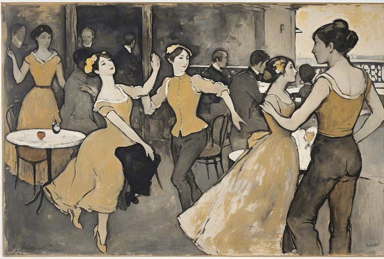 Vintage café scene with elegantly dressed figures