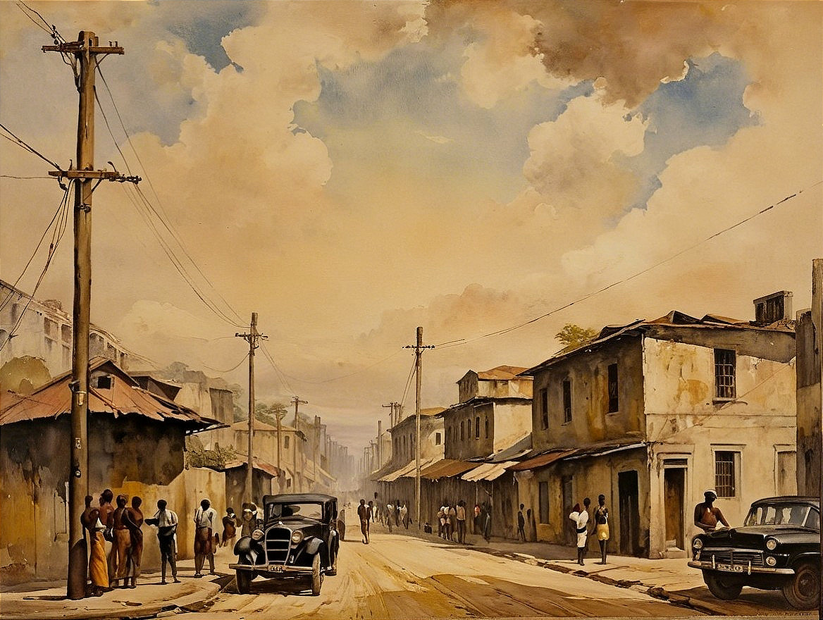 Vibrant Vintage Street Scene with Classic Car and People