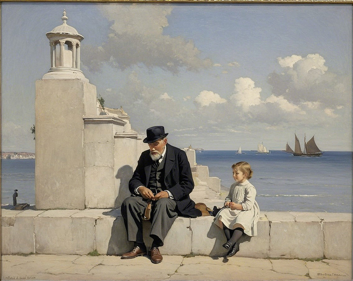 Elderly Man and Girl in Serene Coastal Setting