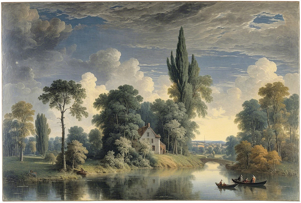 Serene landscape with river, greenery, and boats