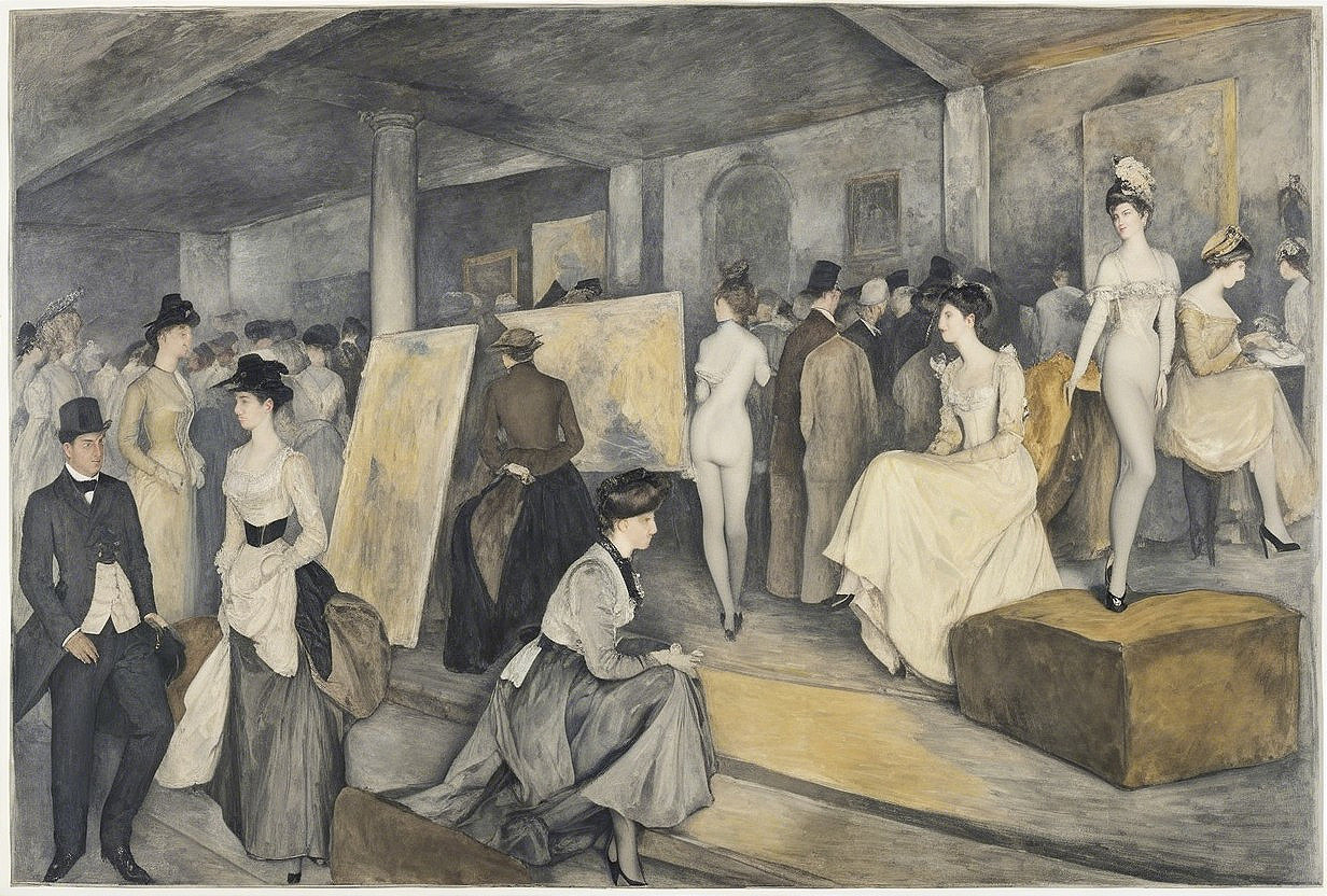 Late 19th Century Art Gallery Scene with Elegantly Dressed Attendees