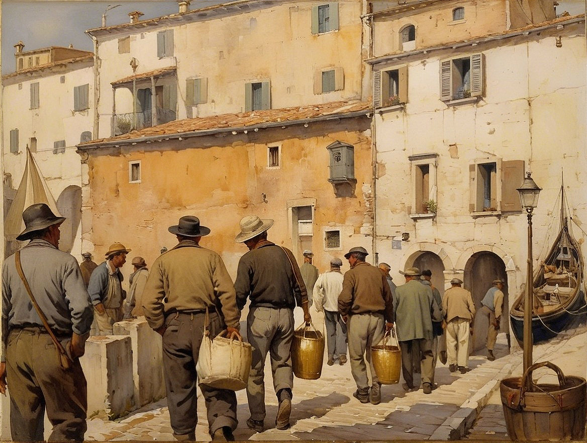 Rustic Coastal Village with Fishermen and Boats