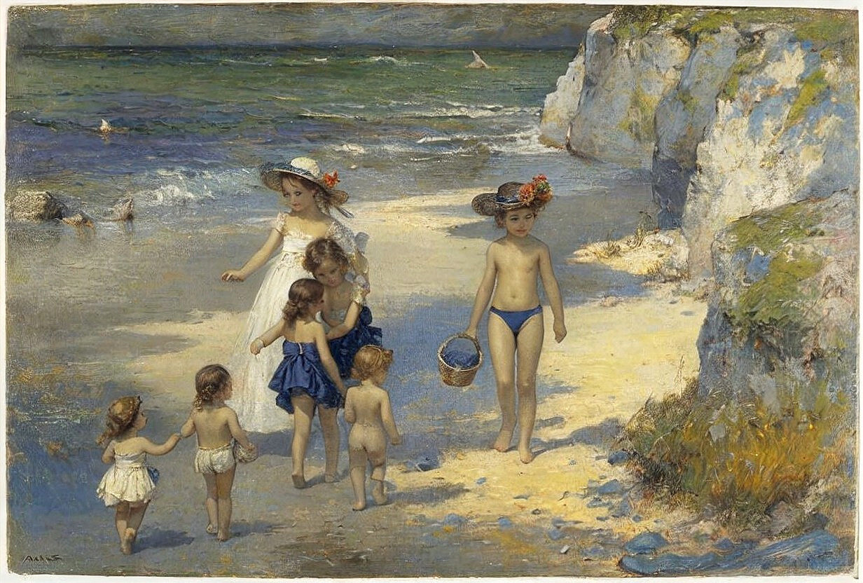 Children Playing on a Serene Beach in Summer