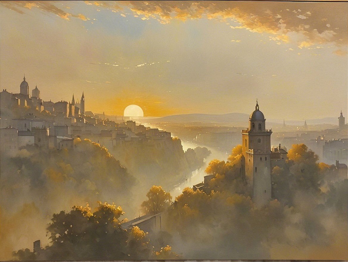 Serene Dawn Landscape with City and Rolling Hills