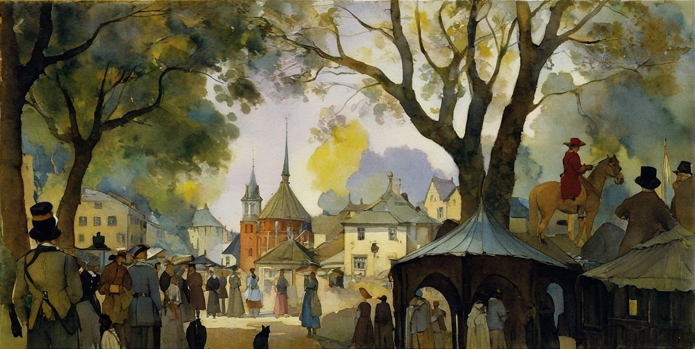 Lively Gathering in a Quaint Town Square Scene