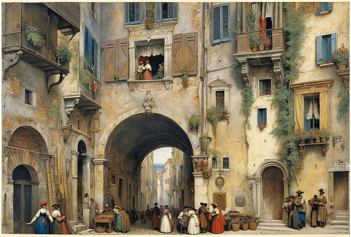 Historic city street with traditional attire and stalls