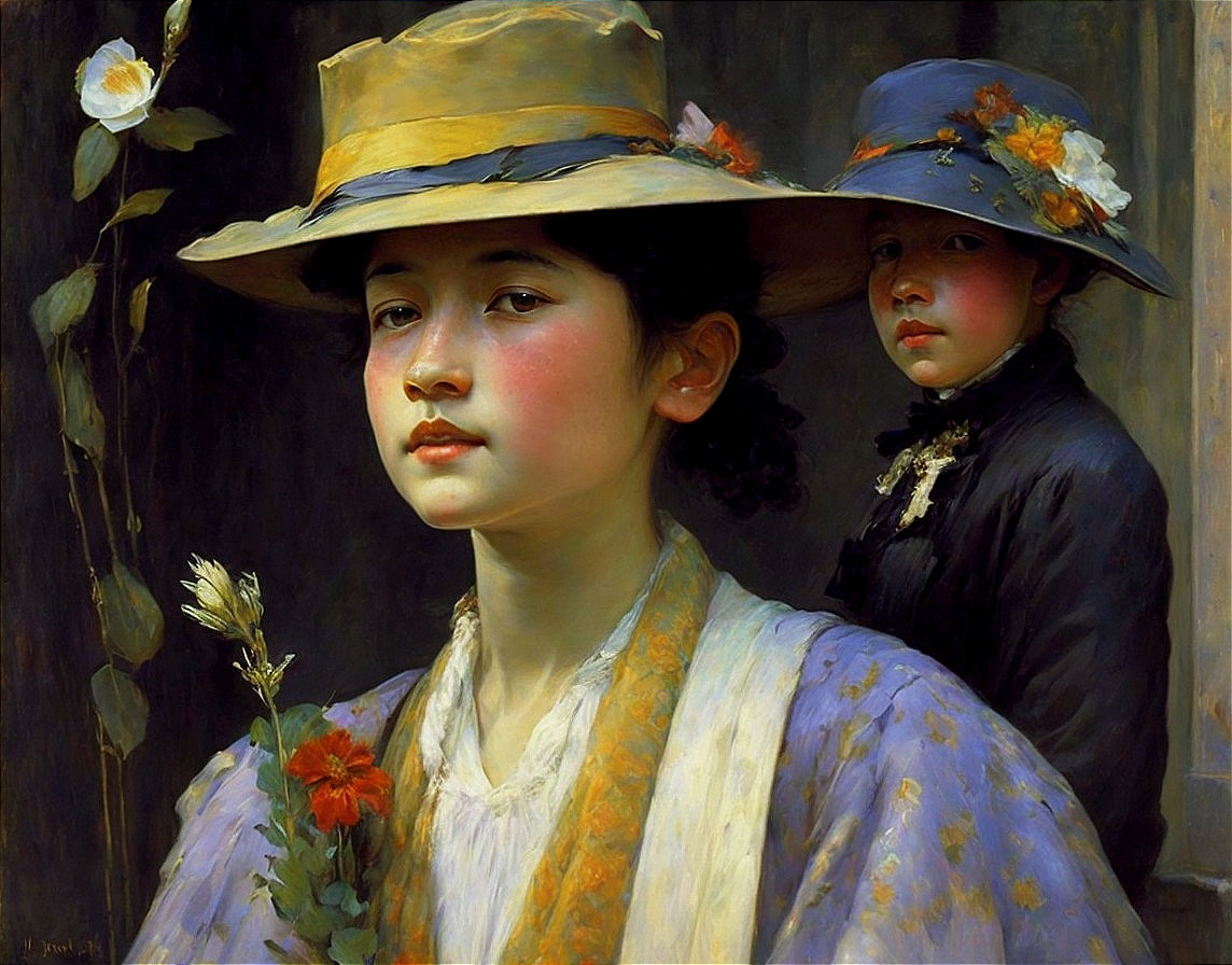 Young Girls in Elegant Hats with Flowers in Soft Light