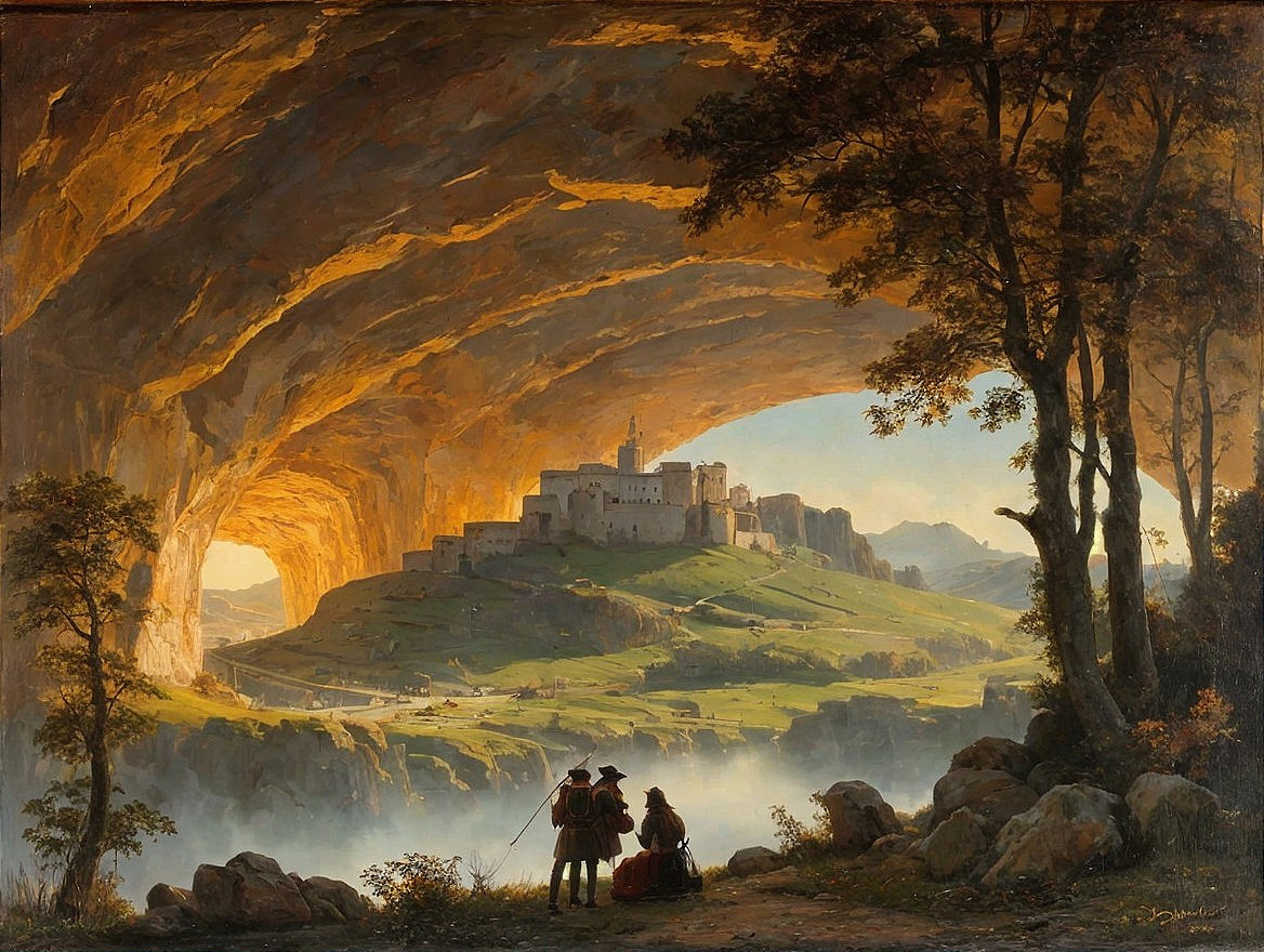 Figures Observing a Fantastical Landscape at Sunset