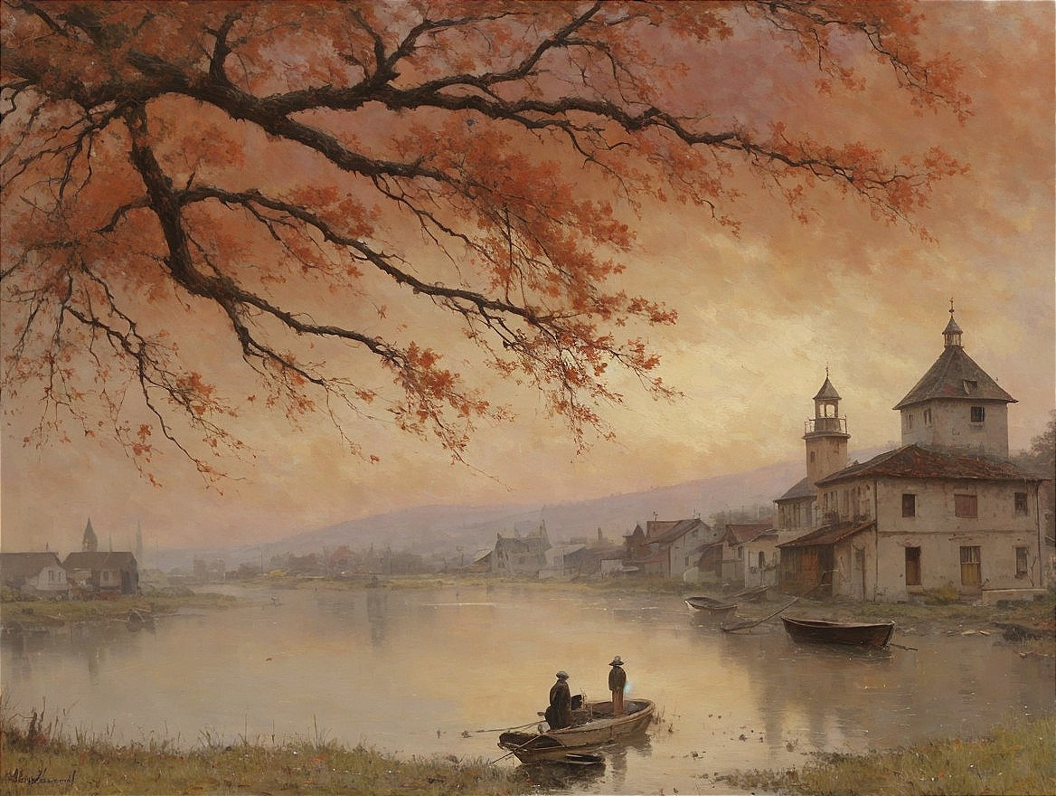 Tranquil River Landscape at Sunset with Village Scene
