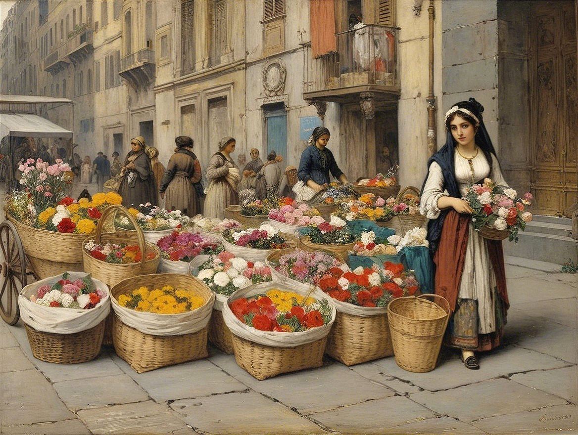 Vibrant Flower Trading in a Bustling Market Scene