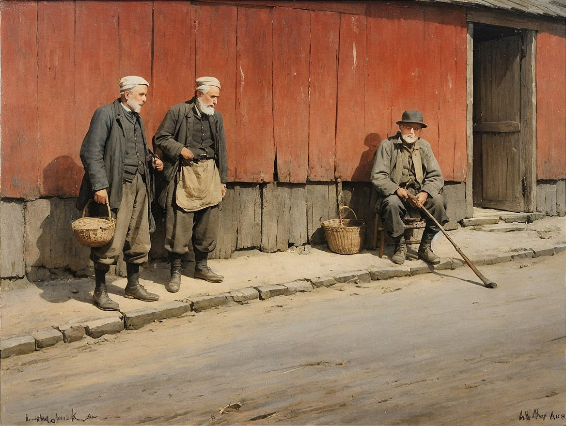 Elderly Men in Traditional Attire by Rustic Building