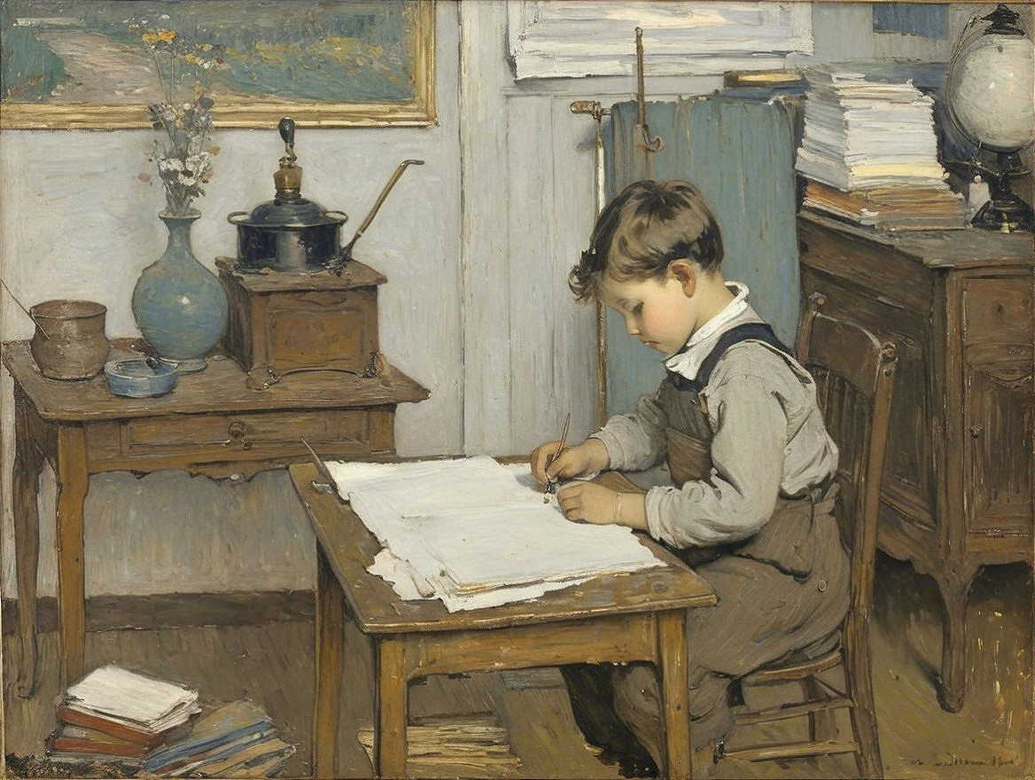 Young Boy Writing at Rustic Wooden Table