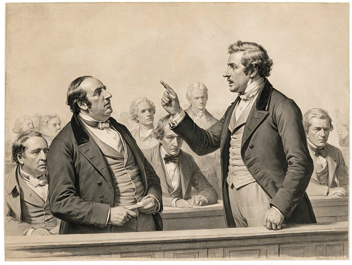 Historic courtroom scene with intense exchange and debate