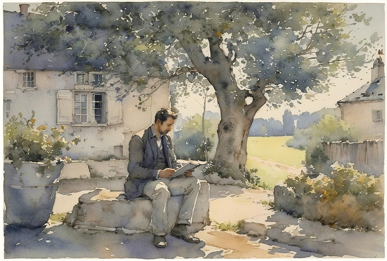 Man Reading on Bench in Lush Greenery Setting