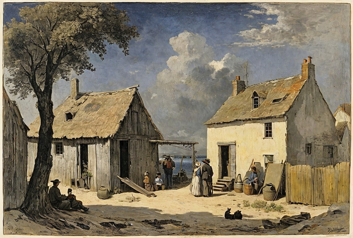 Coastal Village Scene with Thatched Cottages and Community