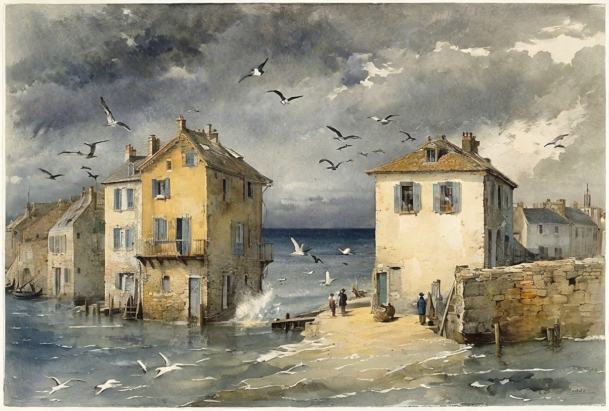 Serene Coastal Scene with Houses and Seagulls