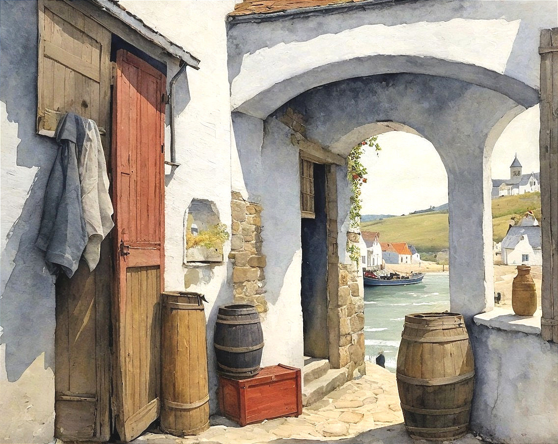 Quaint Seaside Scene with Rustic Archway and Harbor