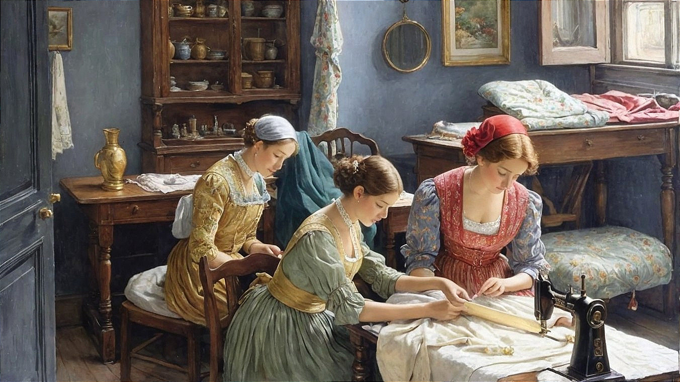 Three Women Sewing in a Cozy Rustic Interior