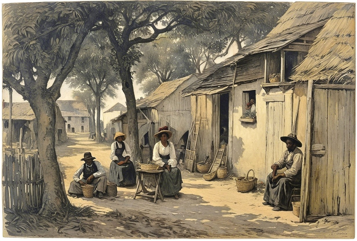 Serene village scene with figures and rustic houses