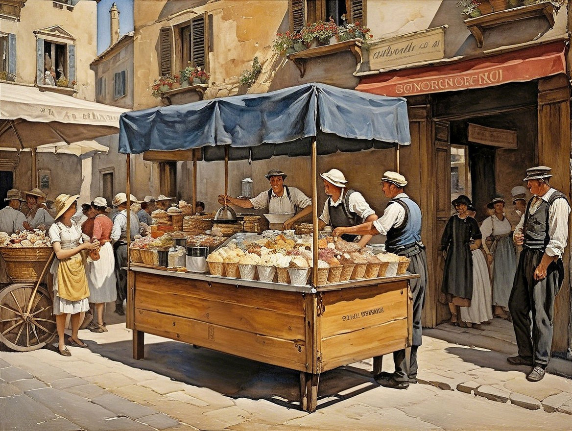 Lively Street Market Scene in Quaint Town Setting