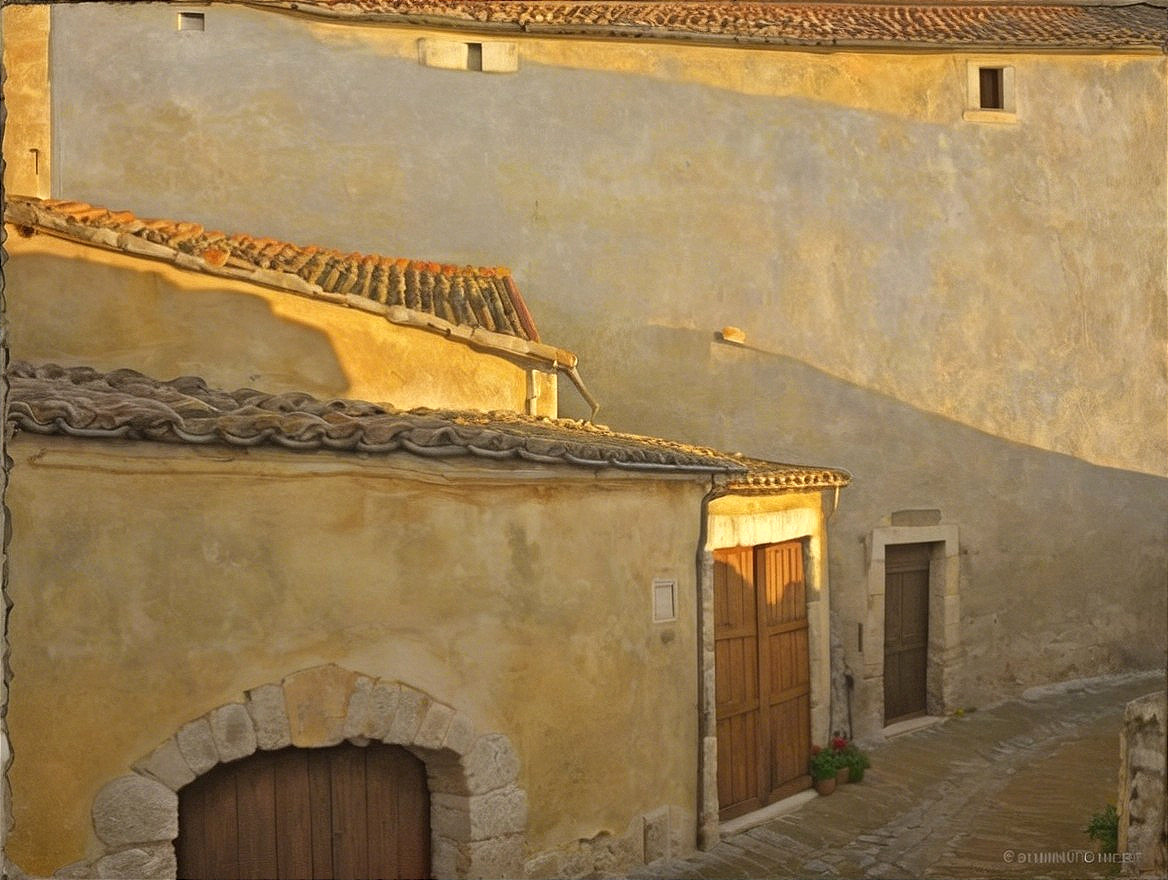 Rustic village corner with warm ochre tones and charm