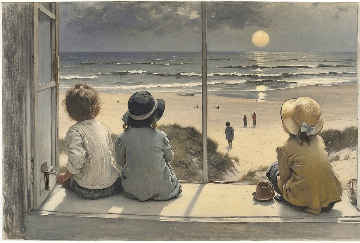 Children on Window Ledge Overlooking Moonlit Beach