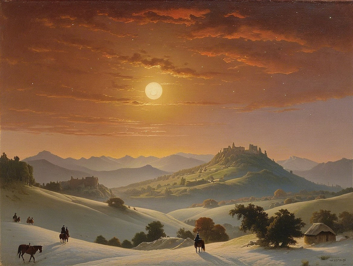 Serene Moonlit Landscape with Riders and Castle