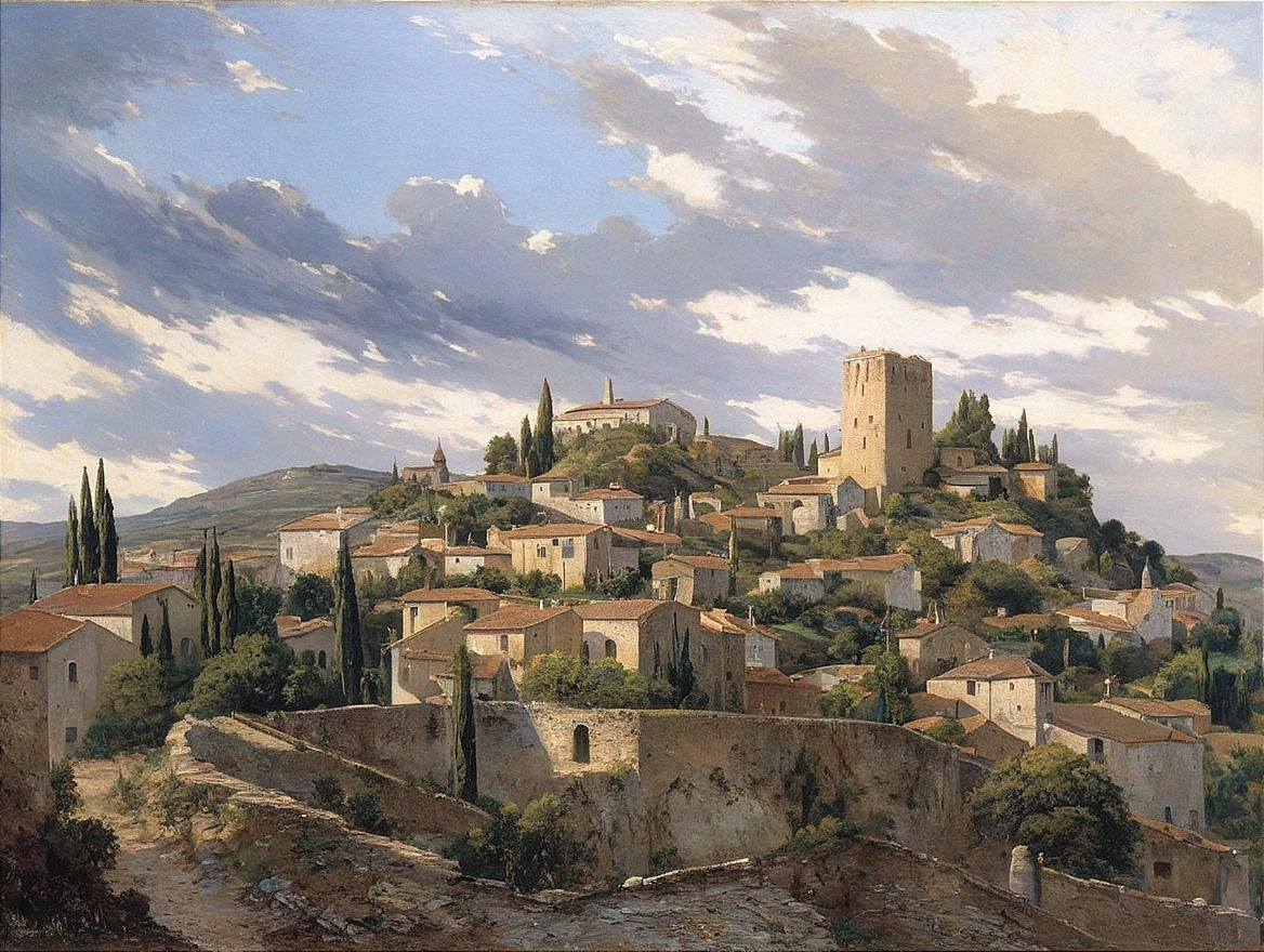 Hilltop Village with Mediterranean Houses and Cypress Trees
