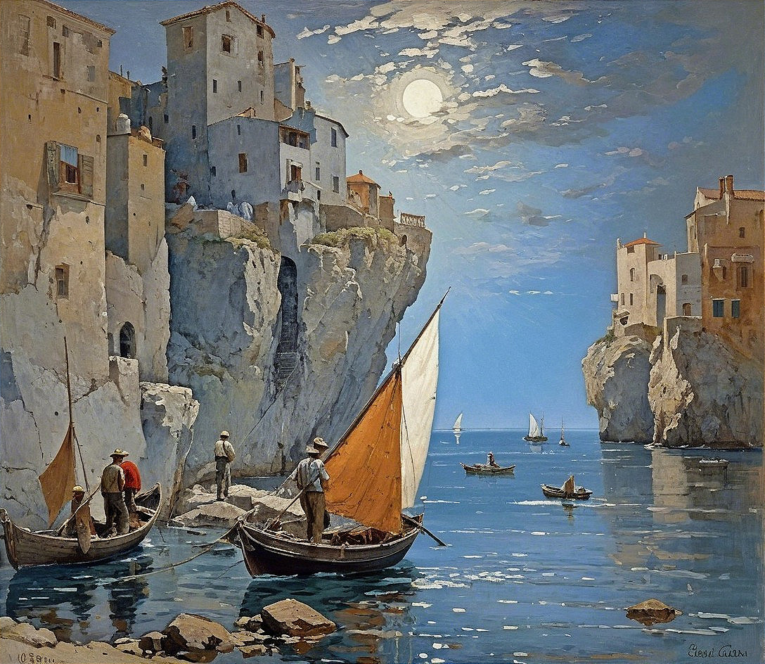 Tranquil Coastal Village with Fishermen and Boats