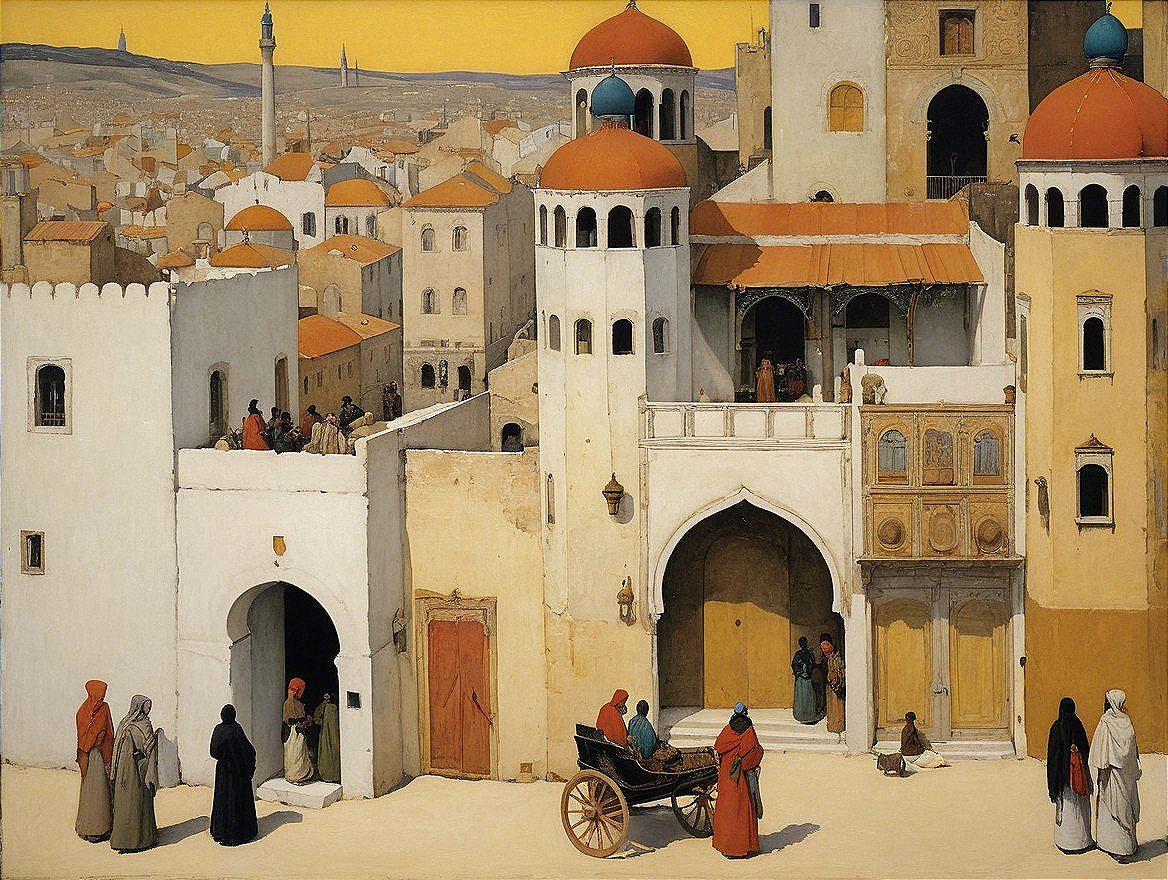 Vibrant Ancient City Scene with Unique Architecture