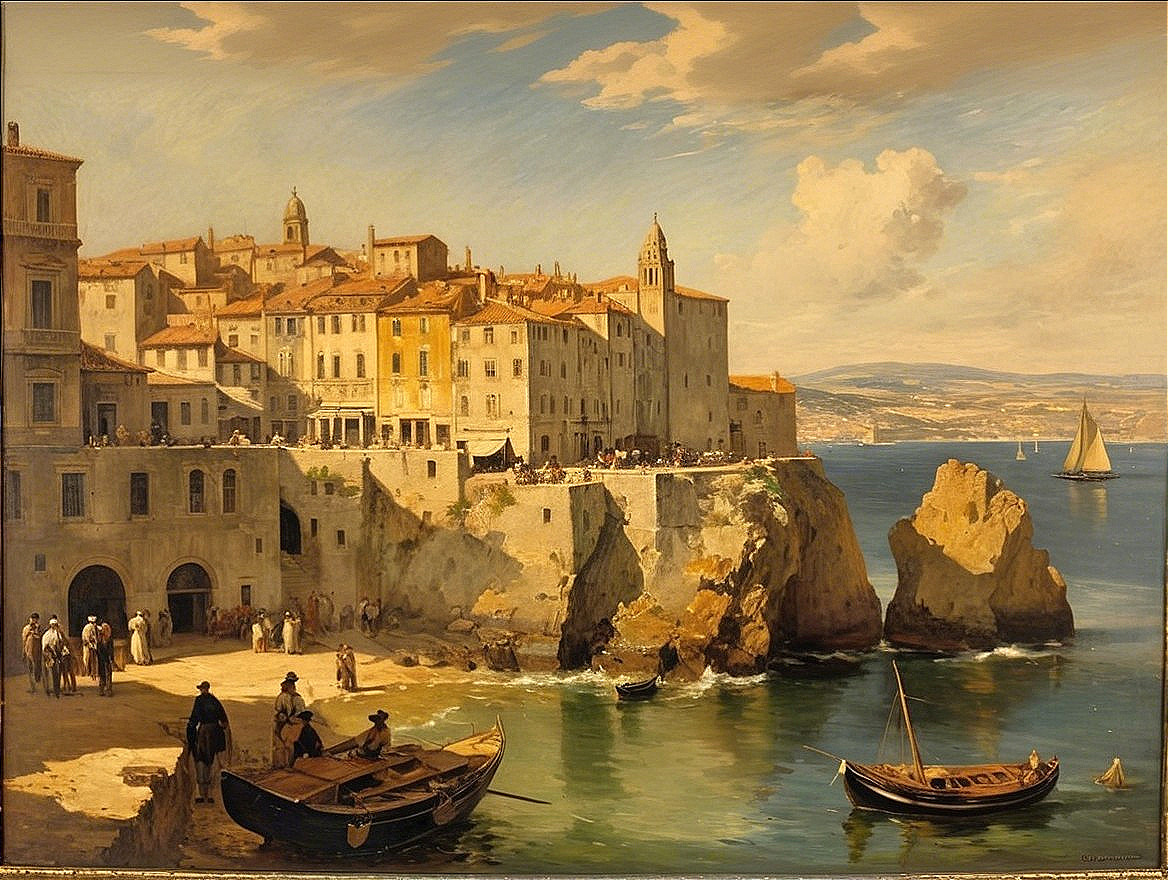 Coastal Town Scene with Cliffs and Boats