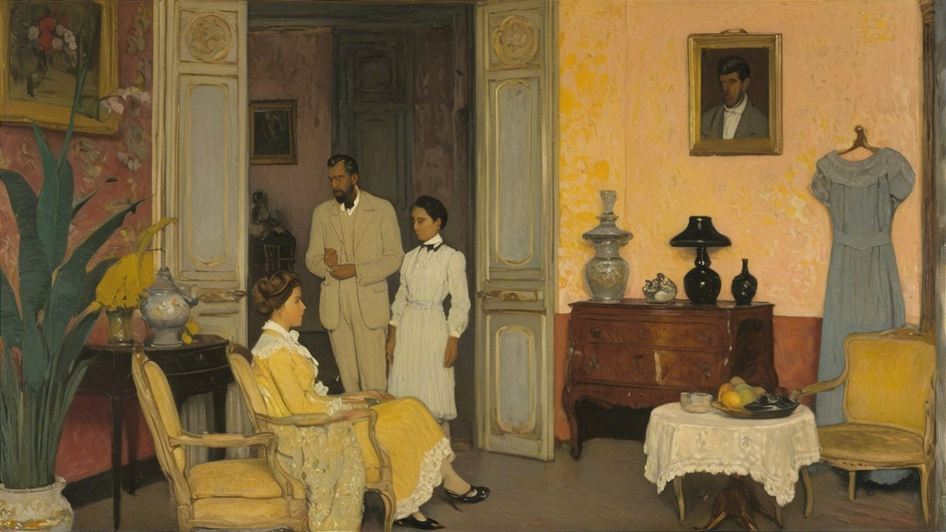 Domestic Scene with Woman in Yellow Dress and Figures