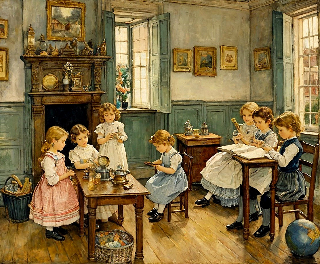 Light-Filled Room with Girls Engaged in Learning Activities
