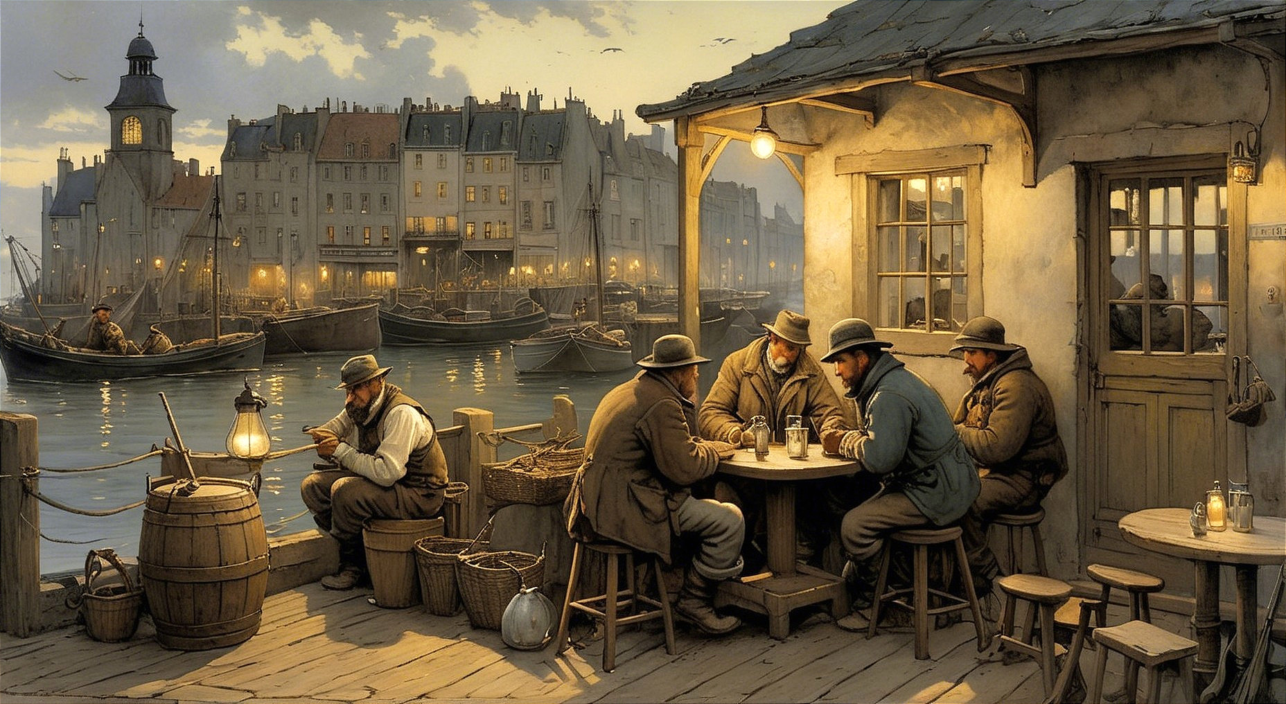 Riverside Tavern Scene at Twilight with Fishermen