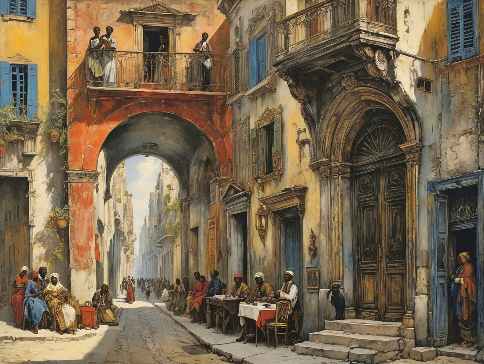 Vibrant Sunlit Street in Historic Town with Arched Passageway