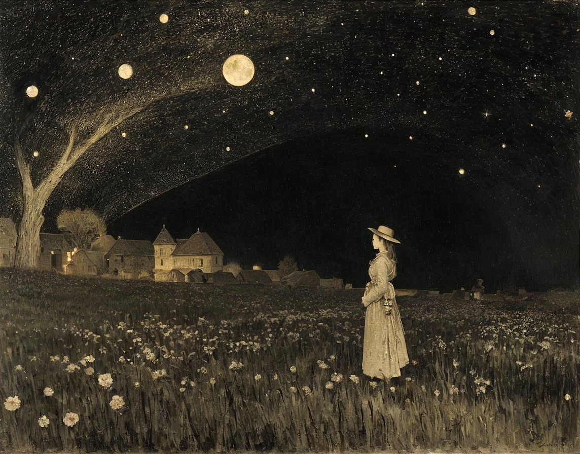 Young girl in flower field under starry night sky