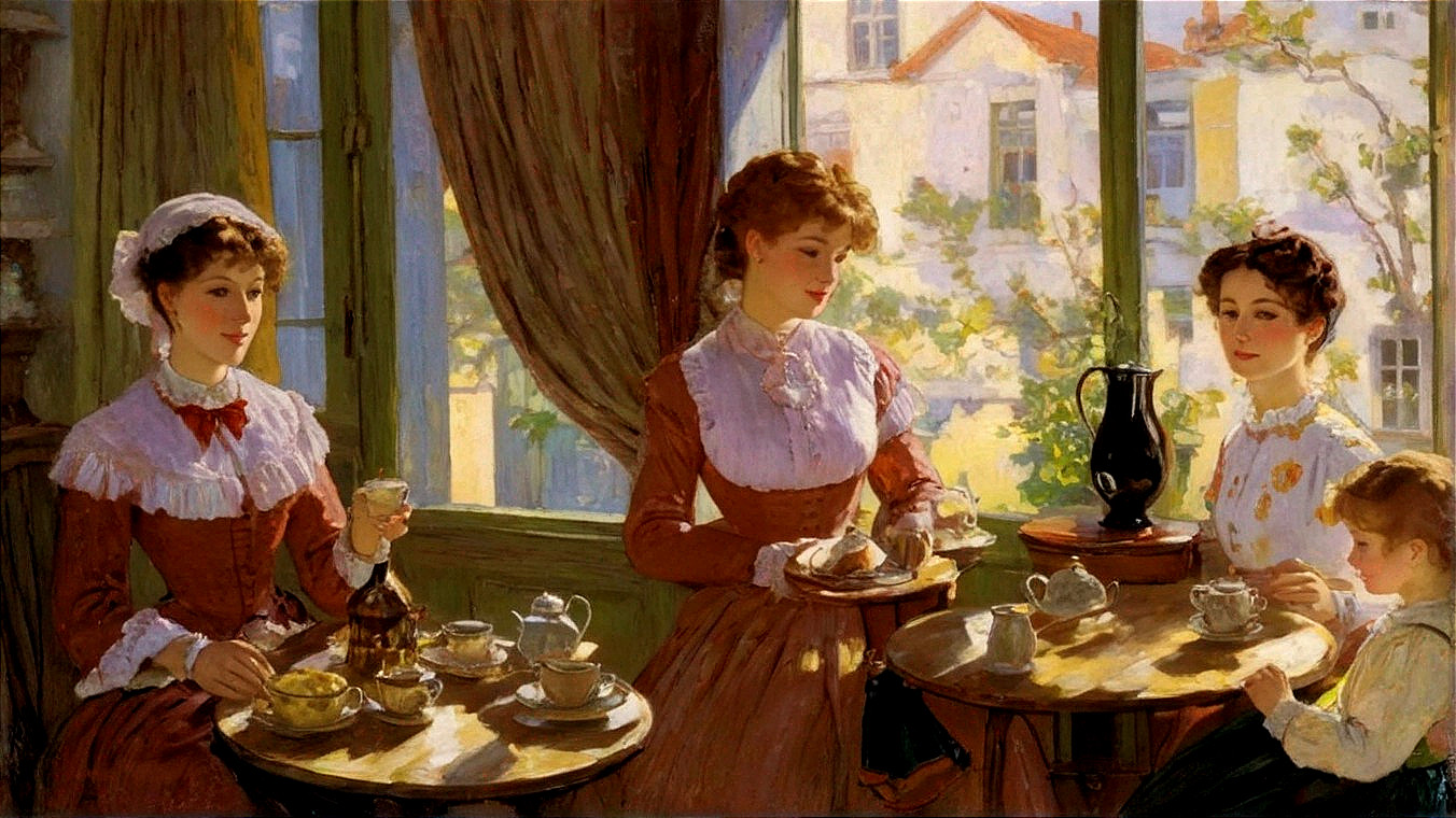 Indoor Tea Time with Women and Child in Vintage Attire