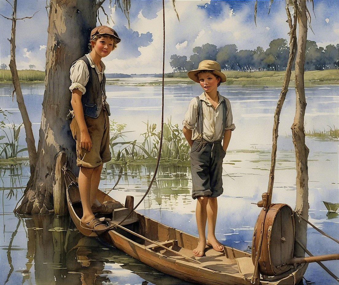 Boys on a Wooden Boat in a Serene Landscape