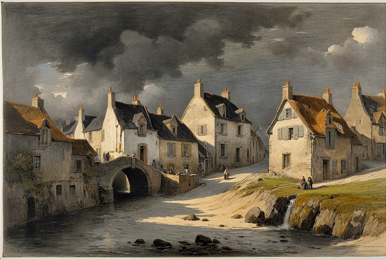 Serene village scene with quaint houses and river