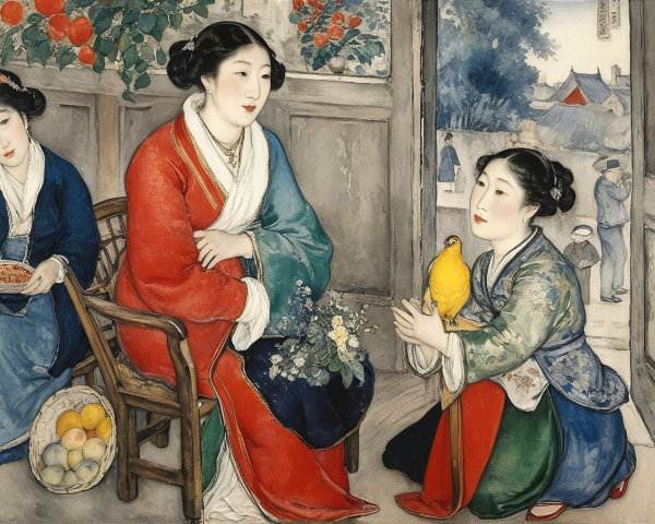 Women in Traditional Attire in Serene Indoor Setting