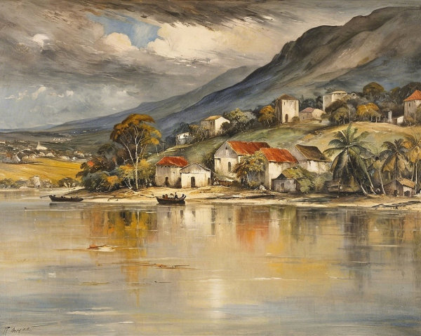 Serene landscape with river, houses, and palm trees