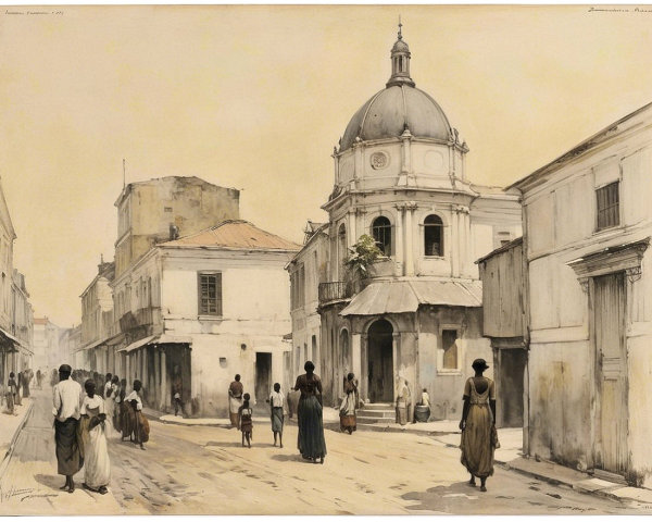 Colonial Street Scene in a Historical Town