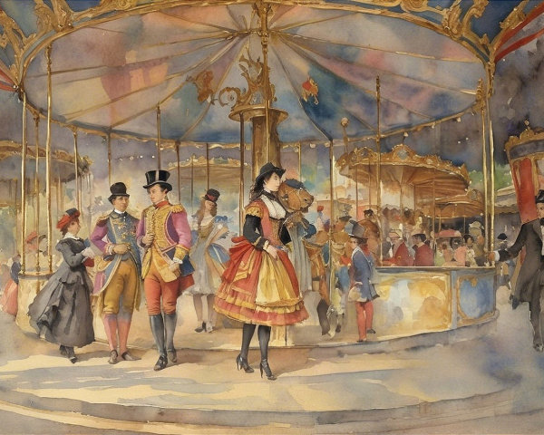 Vintage Carnival Scene with Grand Carousel and Attire