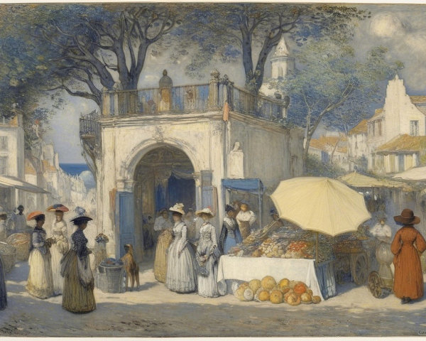19th-Century Village Market Scene with Vendors and Goods
