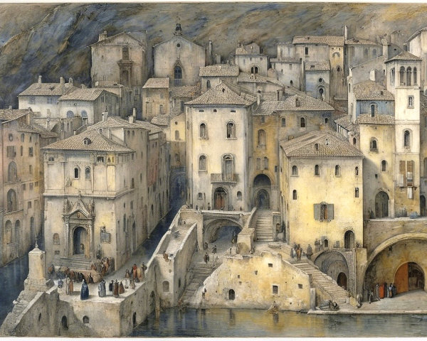 Tranquil Riverside Scene with Historic Town Architecture