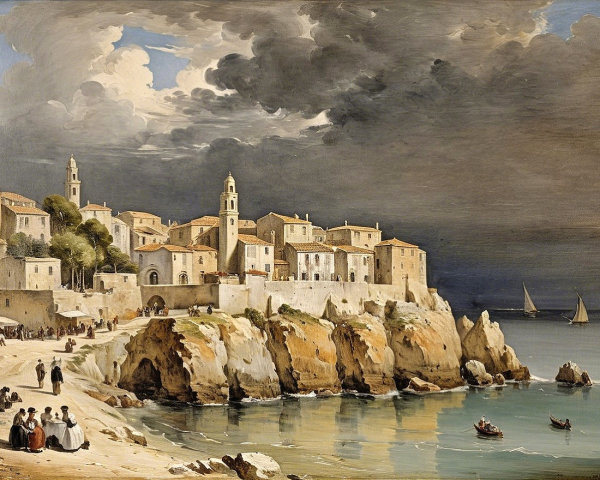 Coastal Village Scene with Rocky Cliffs and Stormy Sky
